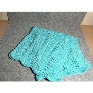 Vintage 80s Handmade Crochet Baby Blanket Turquoise 32x32‎ Nursery Decor